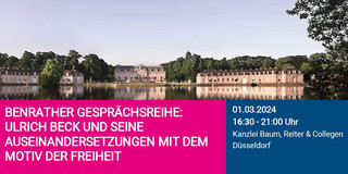 Veranstaltungsankündigung Benrather Gesprächsreihe, im Hintergrund Schlösser und ein Teich